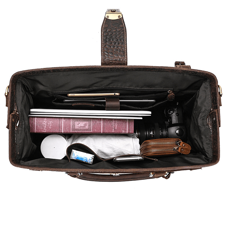 Full Grain Leather Crocodile Pattern Duffle Bag for Men – Vintage Weekender Travel Bag with 13.3" Laptop & 12.9" iPad Compartment, Anti-Theft Pocket