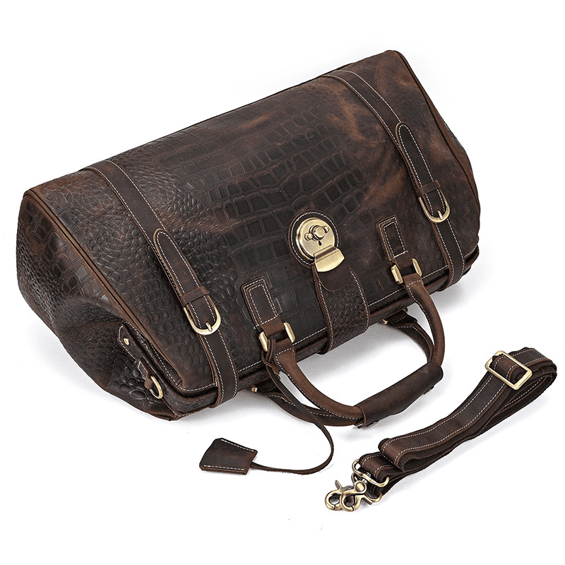Full Grain Leather Crocodile Pattern Duffle Bag for Men – Vintage Weekender Travel Bag with 13.3" Laptop & 12.9" iPad Compartment, Anti-Theft Pocket
