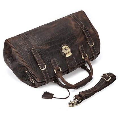 Full Grain Leather Crocodile Pattern Duffle Bag for Men – Vintage Weekender Travel Bag with 13.3" Laptop & 12.9" iPad Compartment, Anti-Theft Pocket