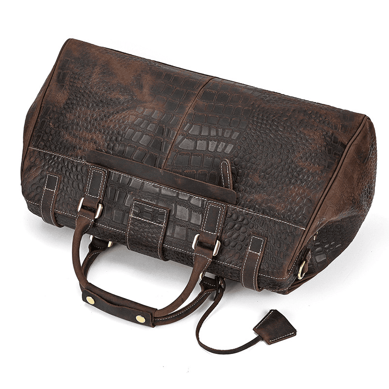 Full Grain Leather Crocodile Pattern Duffle Bag for Men – Vintage Weekender Travel Bag with 13.3" Laptop & 12.9" iPad Compartment, Anti-Theft Pocket