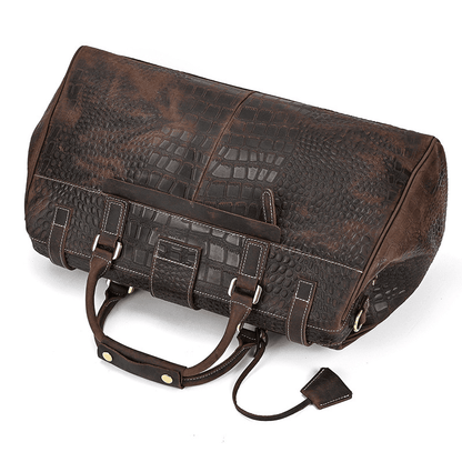 Full Grain Leather Crocodile Pattern Duffle Bag for Men – Vintage Weekender Travel Bag with 13.3" Laptop & 12.9" iPad Compartment, Anti-Theft Pocket
