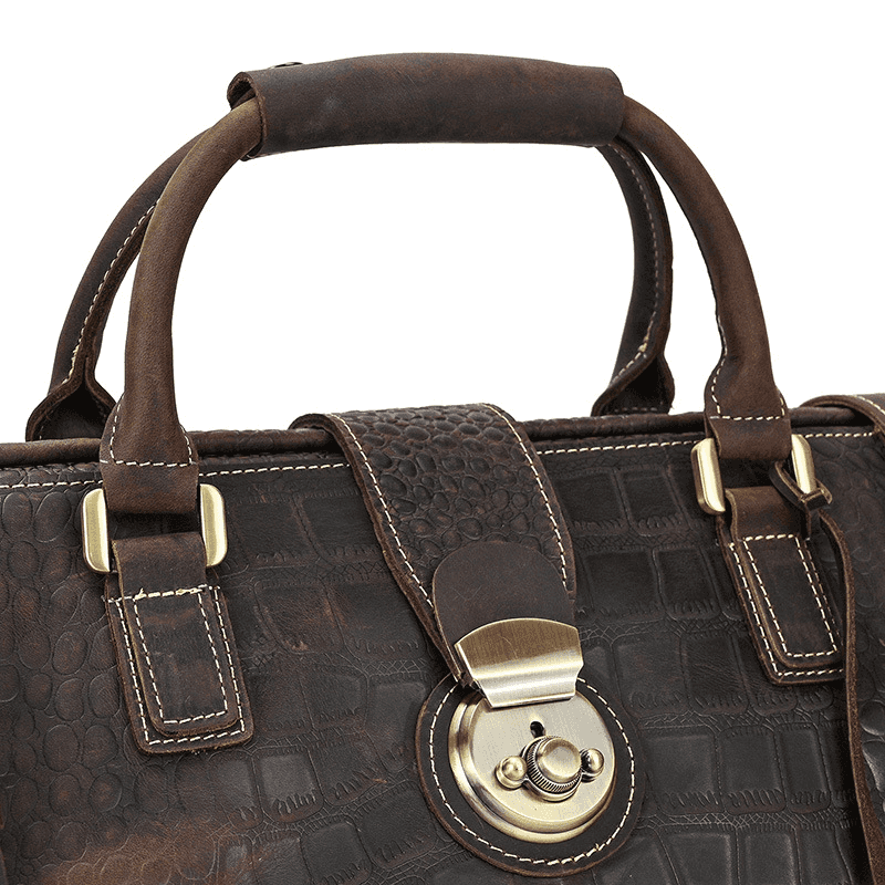Full Grain Leather Crocodile Pattern Duffle Bag for Men – Vintage Weekender Travel Bag with 13.3" Laptop & 12.9" iPad Compartment, Anti-Theft Pocket