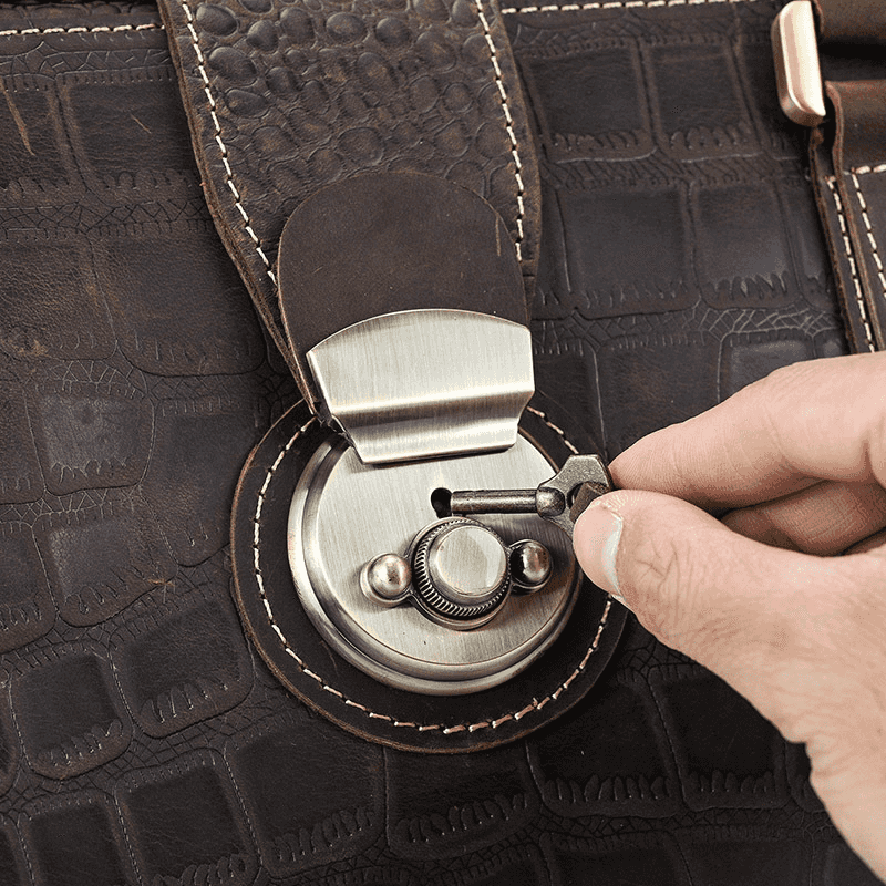 Full Grain Leather Crocodile Pattern Duffle Bag for Men – Vintage Weekender Travel Bag with 13.3" Laptop & 12.9" iPad Compartment, Anti-Theft Pocket