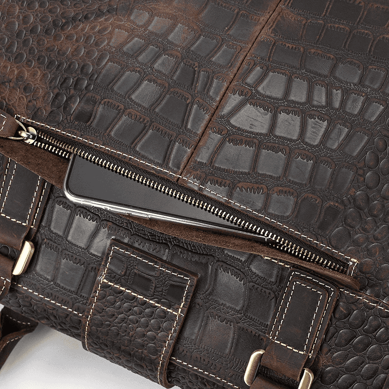 Full Grain Leather Crocodile Pattern Duffle Bag for Men – Vintage Weekender Travel Bag with 13.3" Laptop & 12.9" iPad Compartment, Anti-Theft Pocket