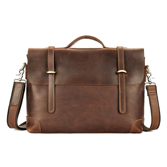 Men’s Full Grain Leather Messenger Bag – Vintage Leather Briefcase for Work & Travel, Fits 14 Inch Laptop, Classic Brown Shoulder Bag for Men