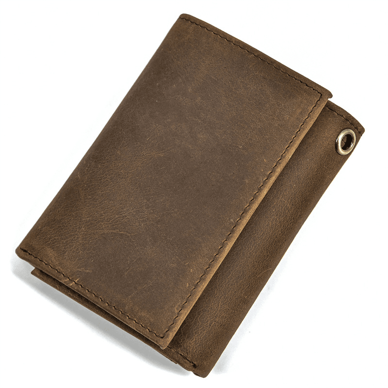 Mens Handmade Leather Trifold Wallet with Chain
