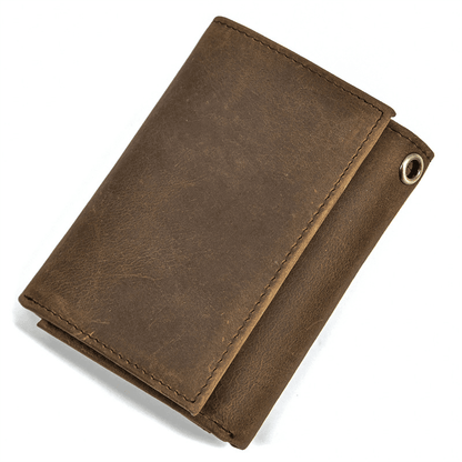 Mens Handmade Leather Trifold Wallet with Chain