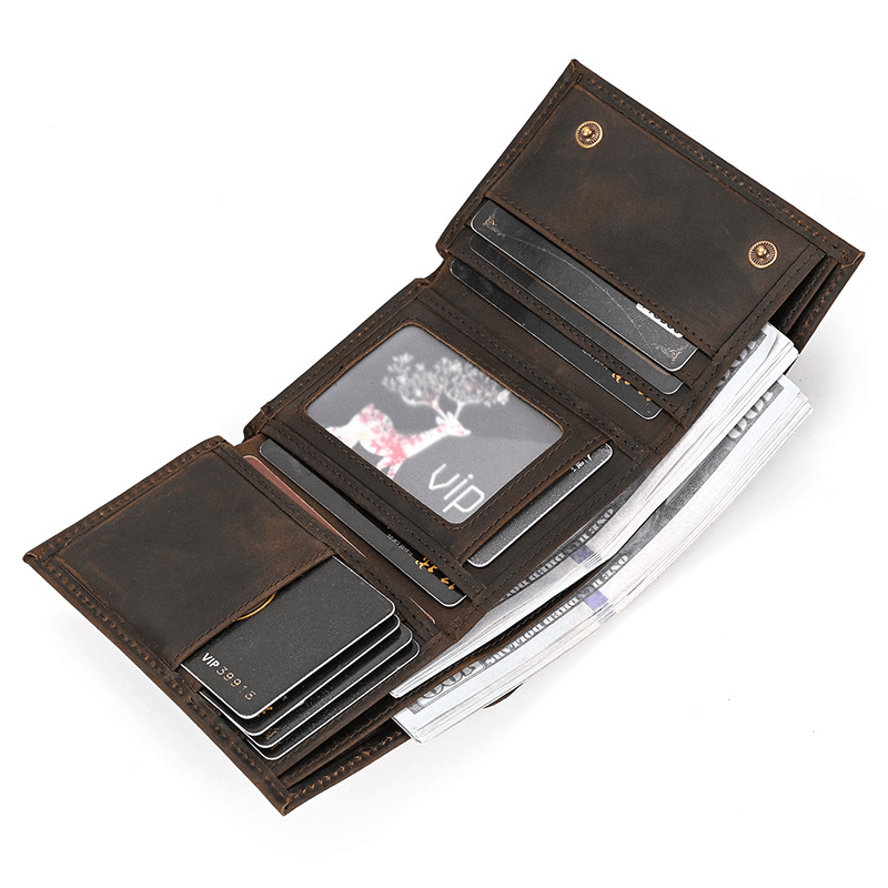 Mens Handmade Leather Trifold Wallet with Chain