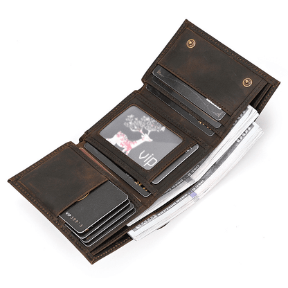 Mens Handmade Leather Trifold Wallet with Chain