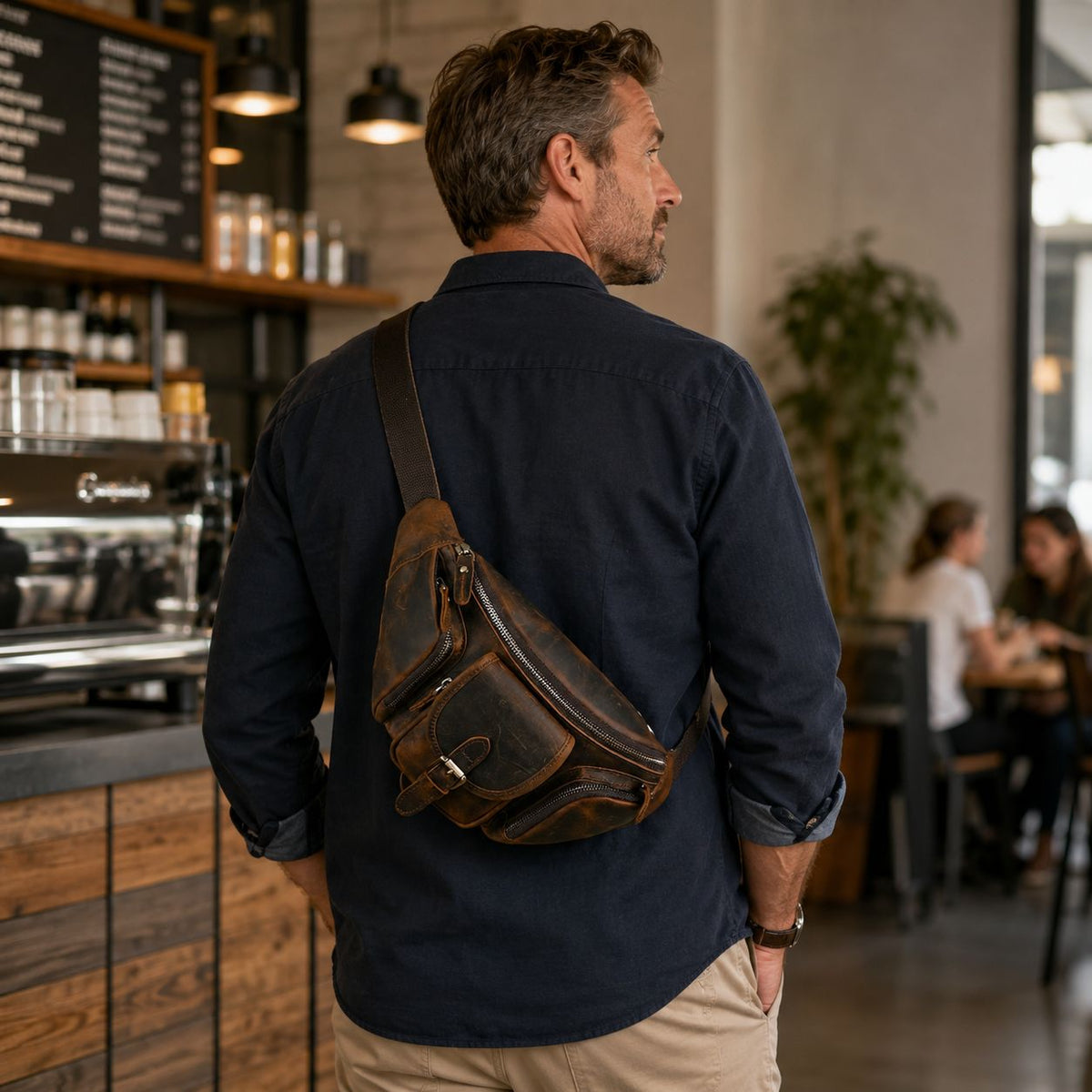 Vintage Full Grain Leather Waist Bag for Men – Genuine Leather Belt Bag Crossbody Fanny Pack Fits 8" iPad