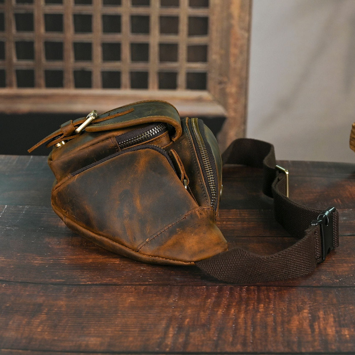 Vintage Full Grain Leather Waist Bag for Men – Genuine Leather Belt Bag Crossbody Fanny Pack Fits 8" iPad
