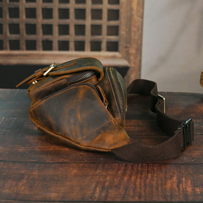 Vintage Full Grain Leather Waist Bag for Men – Genuine Leather Belt Bag Crossbody Fanny Pack Fits 8" iPad