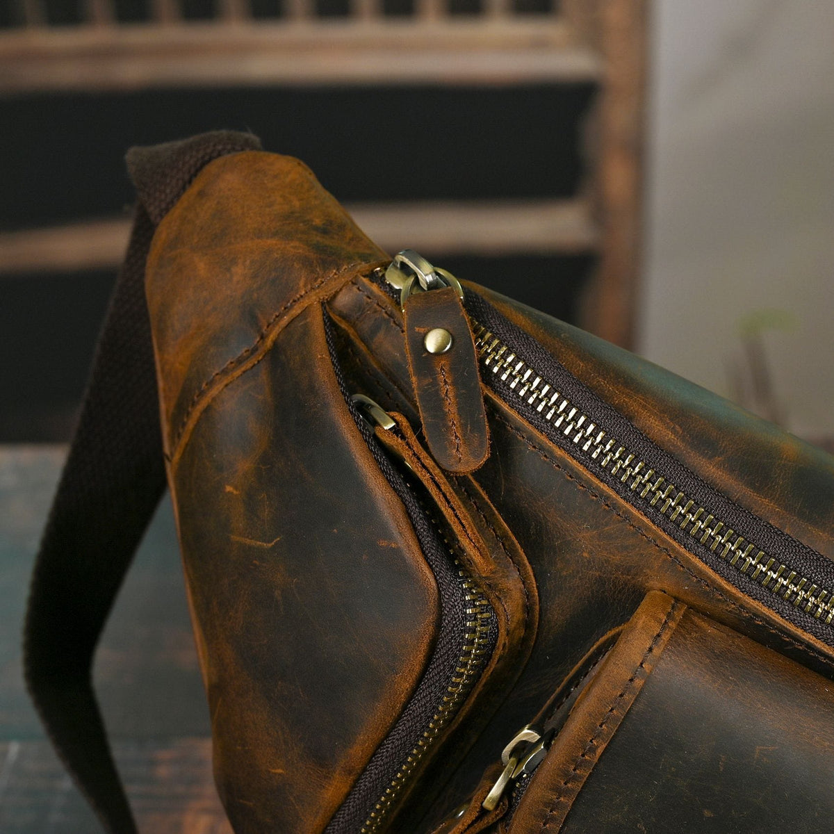 Vintage Full Grain Leather Waist Bag for Men – Genuine Leather Belt Bag Crossbody Fanny Pack Fits 8" iPad