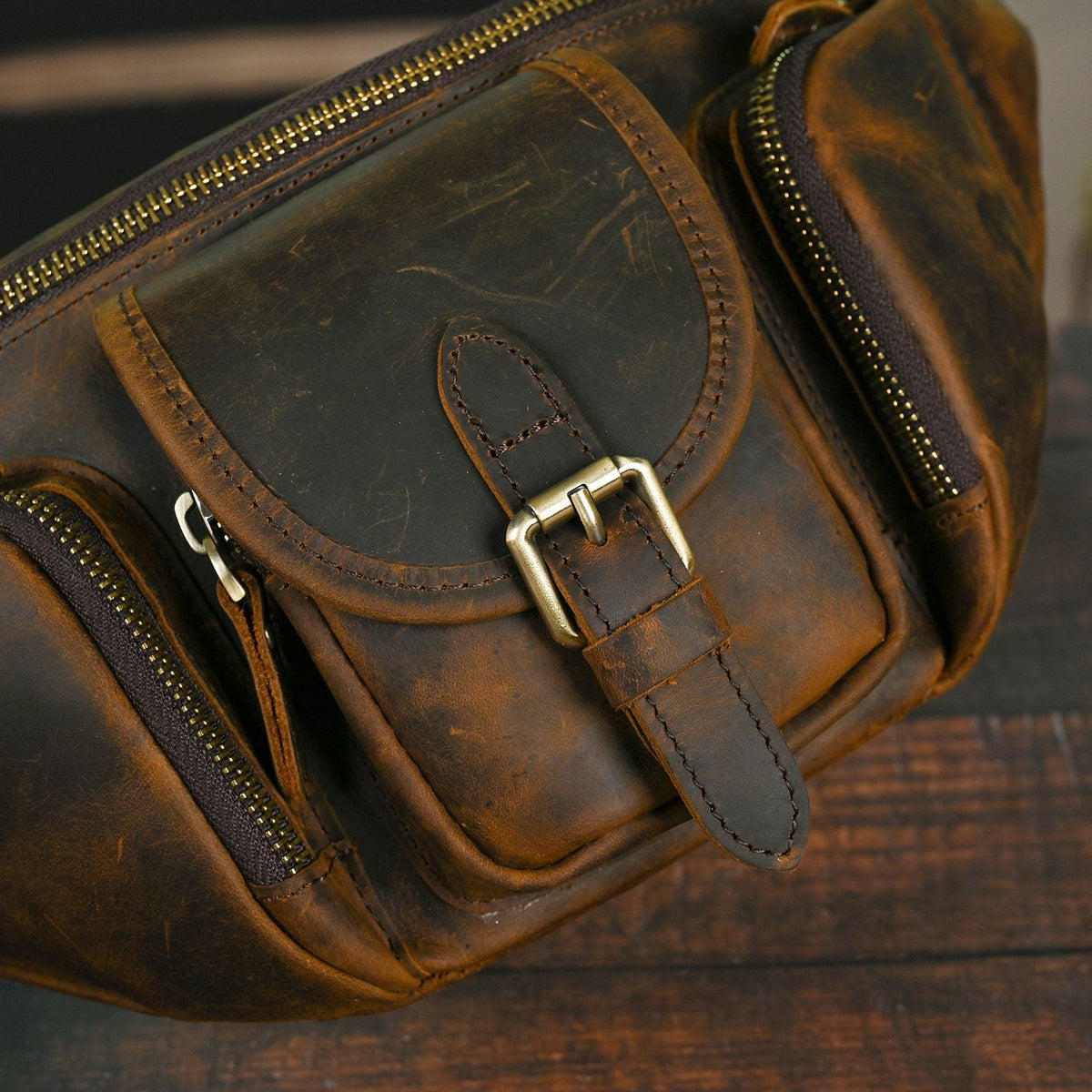 Vintage Full Grain Leather Waist Bag for Men – Genuine Leather Belt Bag Crossbody Fanny Pack Fits 8" iPad