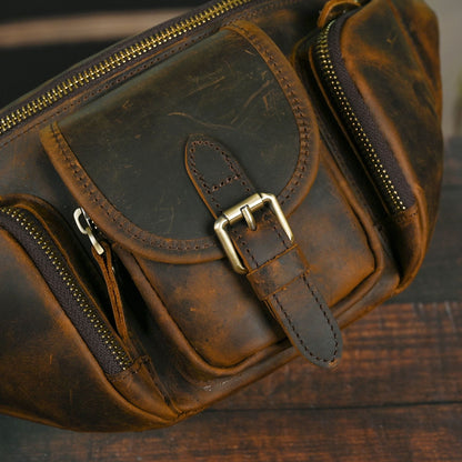 Vintage Full Grain Leather Waist Bag for Men – Genuine Leather Belt Bag Crossbody Fanny Pack Fits 8" iPad