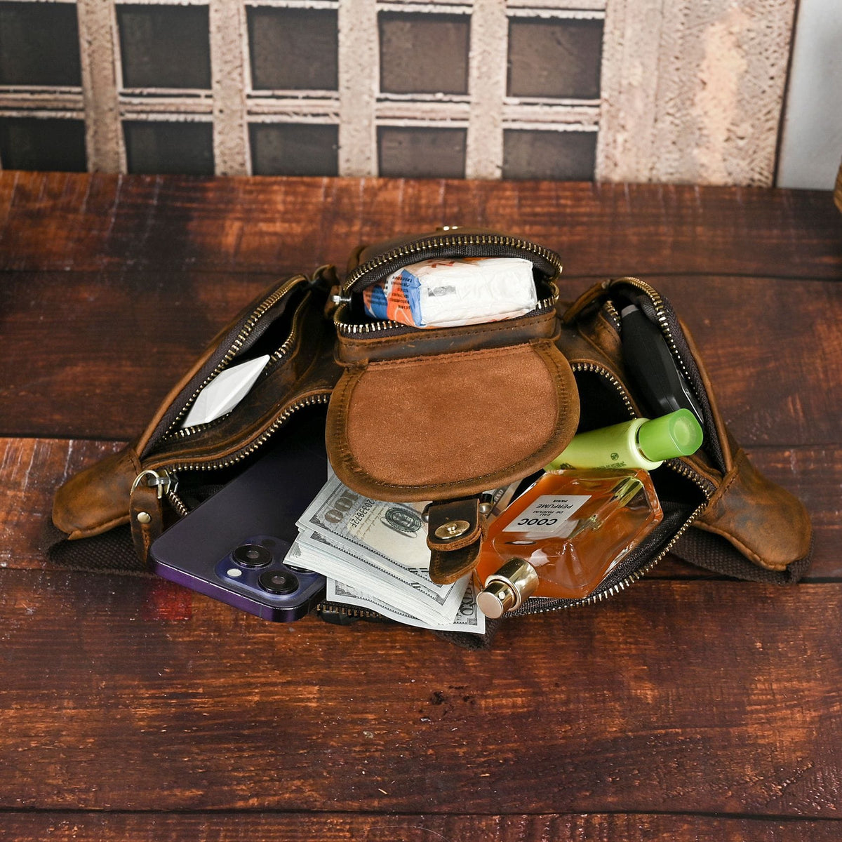 Vintage Full Grain Leather Waist Bag for Men – Genuine Leather Belt Bag Crossbody Fanny Pack Fits 8" iPad
