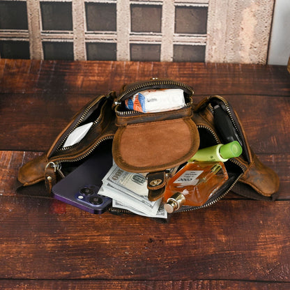 Vintage Full Grain Leather Waist Bag for Men – Genuine Leather Belt Bag Crossbody Fanny Pack Fits 8" iPad