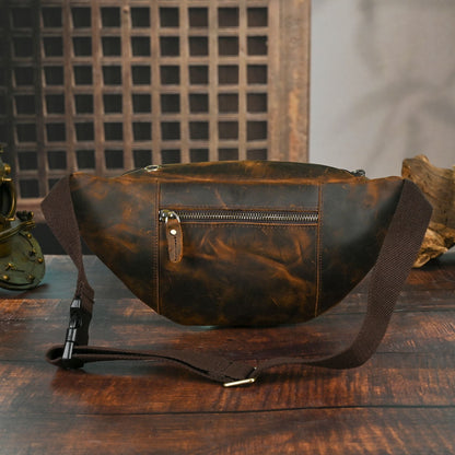 Vintage Full Grain Leather Waist Bag for Men – Genuine Leather Belt Bag Crossbody Fanny Pack Fits 8" iPad
