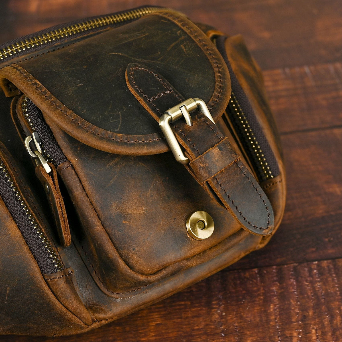 Vintage Full Grain Leather Waist Bag for Men – Genuine Leather Belt Bag Crossbody Fanny Pack Fits 8" iPad