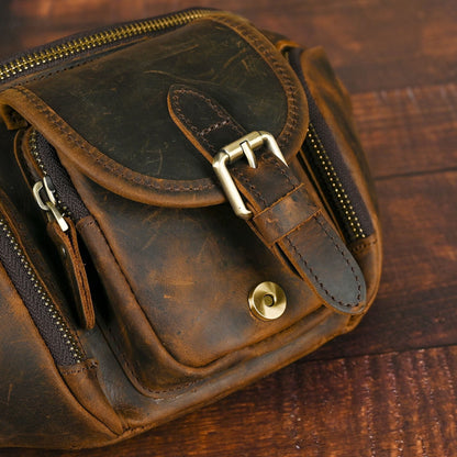 Vintage Full Grain Leather Waist Bag for Men – Genuine Leather Belt Bag Crossbody Fanny Pack Fits 8" iPad