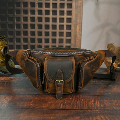 Vintage Full Grain Leather Waist Bag for Men – Genuine Leather Belt Bag Crossbody Fanny Pack Fits 8" iPad