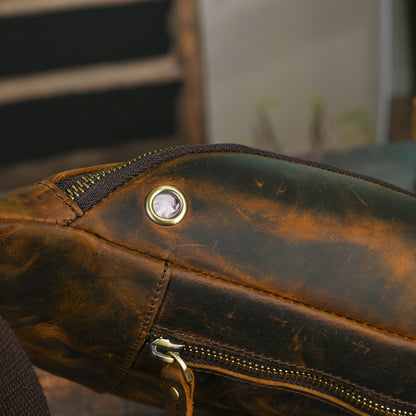 Vintage Full Grain Leather Waist Bag for Men – Genuine Leather Belt Bag Crossbody Fanny Pack Fits 8" iPad
