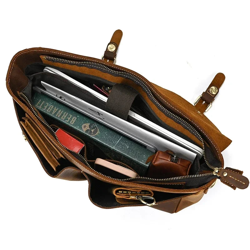 Male Soft Cow Leather Laptop Shoulder Bag